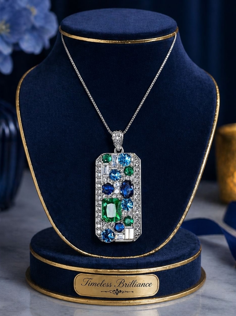 Silver Pendant Necklace with Blue & Green Gemstones - Women Jewelry - Picture 3 of 7